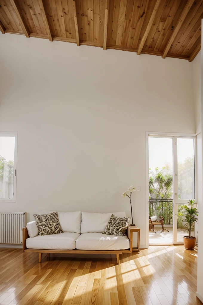 "A minimalist living room with white walls and simple light wood furniture. The lighting is soft and natural, Entering through large windows that leave the room well lit. The floor is wooden parquet, smooth and polished. In the center of the room, completely unexpectedly, there is a small, leafy tree, growing directly from the ground. The tree is full of colorful flowers and exotic birds perch on its branches., contrasting sharply with the neutral surrounding environment. The presence of the tree brings an element of surprise and wonder to the serene, minimalist scene.."