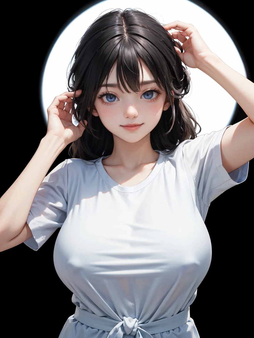 detailed eyes ,huge breasts , tied hairstyle , portrait , white t-shirt , black background , black hair , smile , black eyes