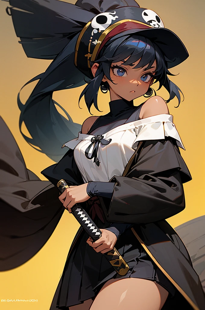 ((Best Quality)), ((Masterpiece)), (detailed), (anime), (Cartoon), 1 girl, tanned skin, off shoulder sweater, pirate accessories, gloomy appearance, medieval dress, pirate hat, earrings, katana, black skin, long hair, black hair, ponytail, ((Best Quality)), ((Masterpiece)), (detailed), (anime), (Cartoon), (80's Cartoon), mujer con black hair largo, black skin, pirate accessories, gloomy appearance, medieval courtesan dress, tanned skin, loose white shirt, black open skirt, yandere
