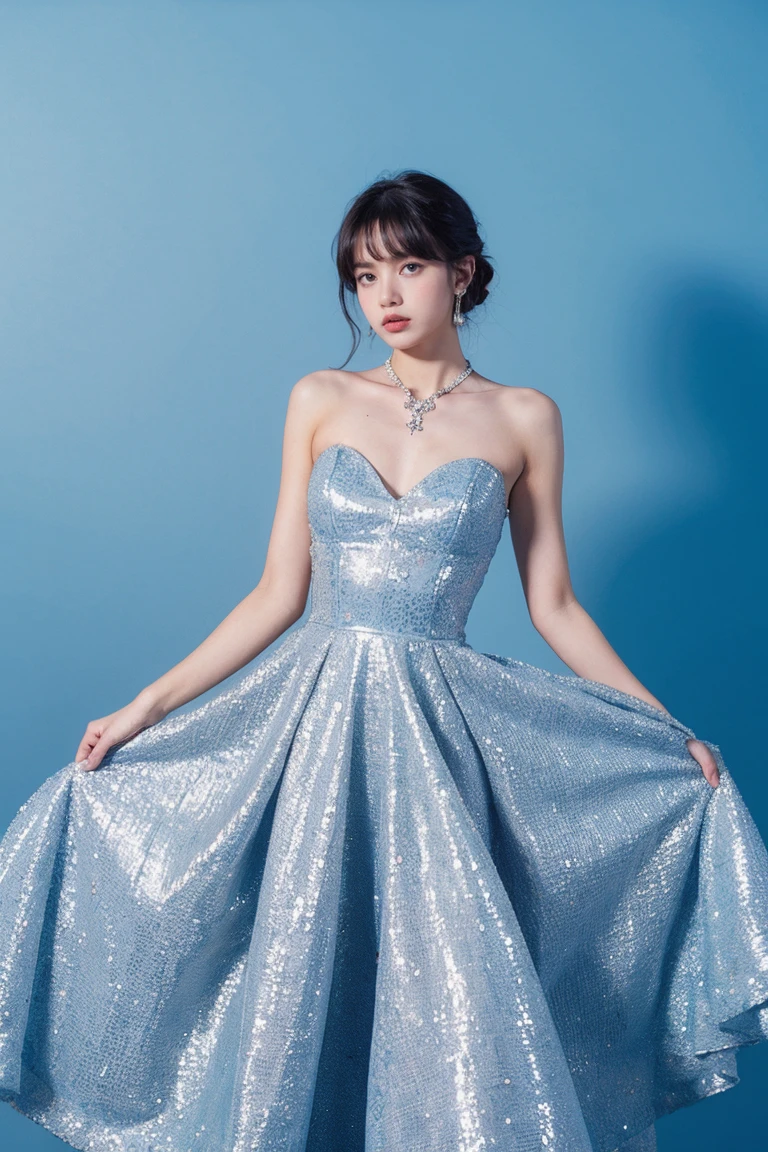 21yo girl, princess gown, blue background