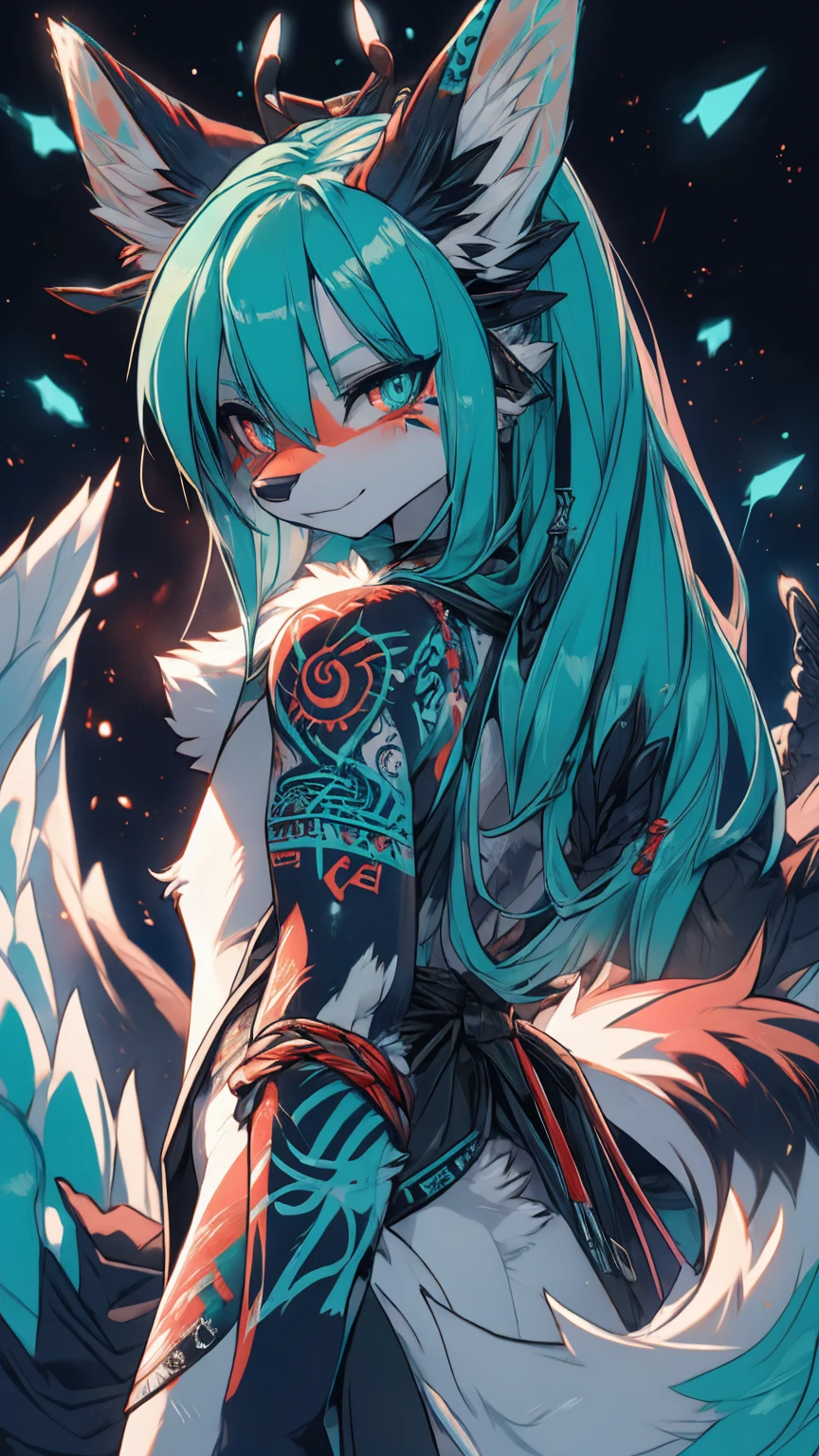 Miku Hatsune, add high definition_detail:1, blue fur,kitsune ears, tribal tattoo add_detail:1, in hell add_detail