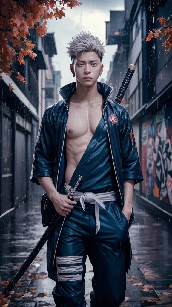 21 year old young man, short hair, and handsome, Gaga, named "Itadori Yuji" wearing Komono clothes, colored, white, effects, realistic visuals./" JUJUTSU KAISEN". is walking in the middle of the city in the rain, which is falling down .