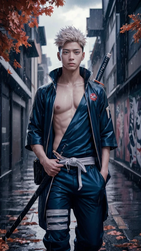 21 year old young man, short hair, and handsome, Gaga, named "Itadori Yuji" wearing Komono clothes, colored, white, effects, realistic visuals./" JUJUTSU KAISEN". is walking in the middle of the city in the rain, which is falling down .