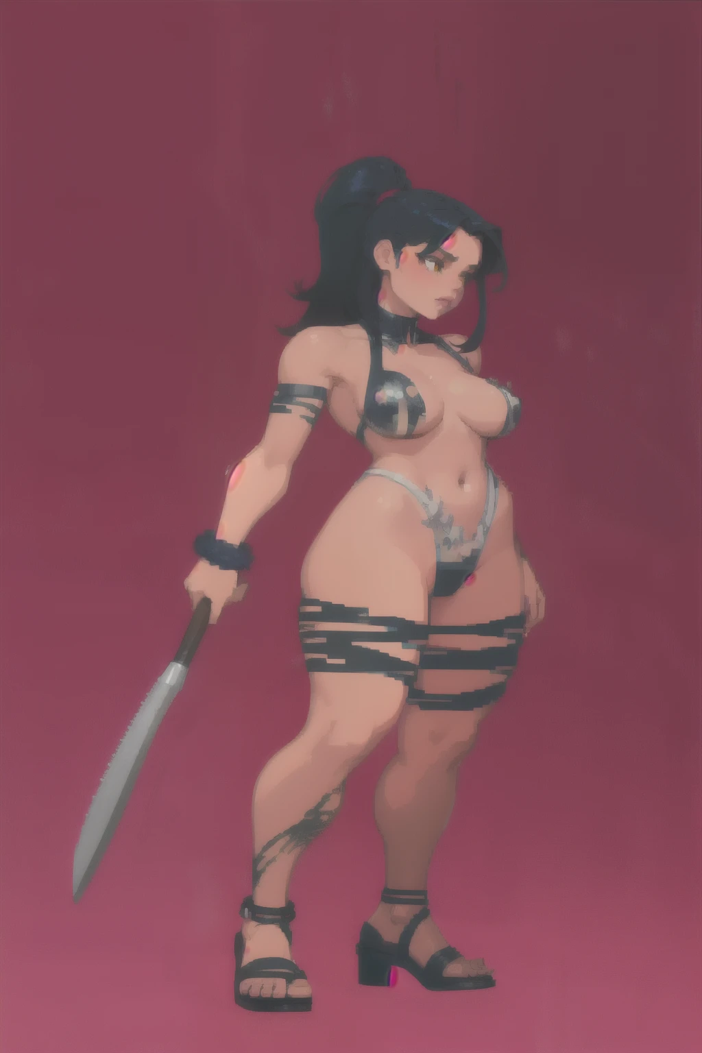 best quality solo girl simple background full body standing muscular girl black hair yellow eyes solo thick