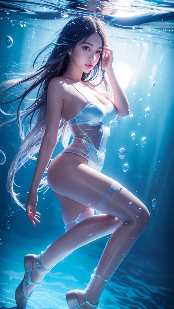8K,RAW Photos,Highest quality,masterpiece,reality,reality的,woman,Android,cyborg,cyber-,20-year-old,Glamour,Long legs,Electronic device skeleton,((see through body)),(Glassの皮膚),(transparentな体内に電子システムが見える),(Seven Colorsに光る血管網),Connection line,Glowing wires are connected all over the body,Wet body,Grey long hair,Wet Hair,Messy Hair,double eyelid,Glowing LED lamp,Advanced AI, Seamless integration of organic and mechanical elements,transparent,white,Seven Colors,element,Glass,Big Bubbles,future,Glamour,Large Breasts,Live Action,(((under water))),