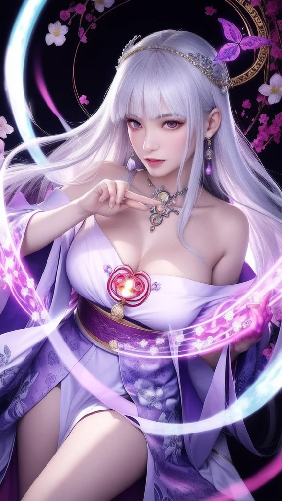 (masterpiece, top quality, 1 female, solo, exquisite details, chromatic aberration), (realistic), (skin), ((breathing)), (silver hair, blunt bangs, cropped straight long hair, short bangs, silver hair), beautiful hair, red headdress, highlights, hair on one eye, beautiful eyes, purple eyes, thick lips, earrings, piercing eyes, ((gold and white kimono)), ((symmetrical eyes)), ((perfectly symmetrical body)), ((perfectly symmetrical hands)), (purerosface_v1:0.3), full moon night, ((self, natural light))), bright lighting, flowers blooming in background, in front of viewer, ((central shot, from the front, (face and shoulders))), mysterious atmosphere, colorful flowers blooming around, bright colored background, shrine maiden in kimono, beautiful shrine maiden, Shrine maiden, fantasy female shrine maiden, female fortune telling shrine maiden, fantasy photography, Japanese style, elegant cinematic fantasy art, fantasy woman, sorceress portrait, powerful wizard surrounded by mystical colorful flowers, holding a glowing heart crystal ball, eyes glowing with mystical energy, spells leaking from her mouth, vibrant sorcery vortexes pulsating with rainbow hues appear in the air, magic permeates, flowers bloom, sacred creatures gaze in awe, threads of magical energy dance, reveal hidden realms, unravel secrets, capture the essence of this enchanting moment and bring to life the mystical power of sorcery on a canvas of the highest quality and finest detail. Top quality, masterpiece, ultra high resolution, (photorealistic: 1.4), RAW photo, sharp focus, high resolution, detailed skin.
Flowers blooming all around, bright colored background, fortune teller in kimono, beautiful fortune teller, fortune teller, fantasy female fortune teller, female fortune teller, fantasy photography, Japanese style, fortune teller in kimono, elegant cinematic fantasy art, fantasy woman, magician portrait, fortune teller, powerful wizard surrounded by mystical colorful flowers, holding a glowing heart c