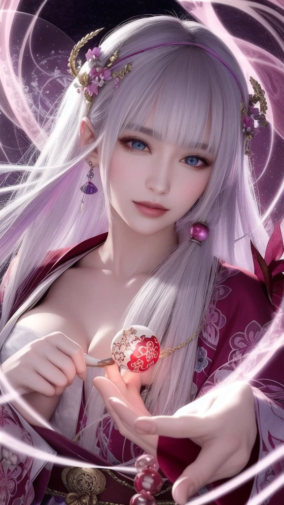 (masterpiece, top quality, 1 female, solo, exquisite details, chromatic aberration), (realistic), (skin), ((breathing)), (silver hair, blunt bangs, cropped straight long hair, short bangs, silver hair), beautiful hair, red headdress, highlights, hair on one eye, beautiful eyes, purple eyes, thick lips, earrings, piercing eyes, ((gold and white kimono)), ((symmetrical eyes)), ((perfectly symmetrical body)), ((perfectly symmetrical hands)), (purerosface_v1:0.3), full moon night, ((self, natural light))), bright lighting, flowers blooming in background, in front of viewer, ((central shot, from the front, (face and shoulders))), mysterious atmosphere, colorful flowers blooming around, bright colored background, shrine maiden in kimono, beautiful shrine maiden, Shrine maiden, fantasy female shrine maiden, female fortune telling shrine maiden, fantasy photography, Japanese style, elegant cinematic fantasy art, fantasy woman, sorceress portrait, powerful wizard surrounded by mystical colorful flowers, holding a glowing heart crystal ball, eyes glowing with mystical energy, spells leaking from her mouth, vibrant sorcery vortexes pulsating with rainbow hues appear in the air, magic permeates, flowers bloom, sacred creatures gaze in awe, threads of magical energy dance, reveal hidden realms, unravel secrets, capture the essence of this enchanting moment and bring to life the mystical power of sorcery on a canvas of the highest quality and finest detail. Top quality, masterpiece, ultra high resolution, (photorealistic: 1.4), RAW photo, sharp focus, high resolution, detailed skin.
Flowers blooming all around, bright colored background, fortune teller in kimono, beautiful fortune teller, fortune teller, fantasy female fortune teller, female fortune teller, fantasy photography, Japanese style, fortune teller in kimono, elegant cinematic fantasy art, fantasy woman, magician portrait, fortune teller, powerful wizard surrounded by mystical colorful flowers, holding a glowing heart c