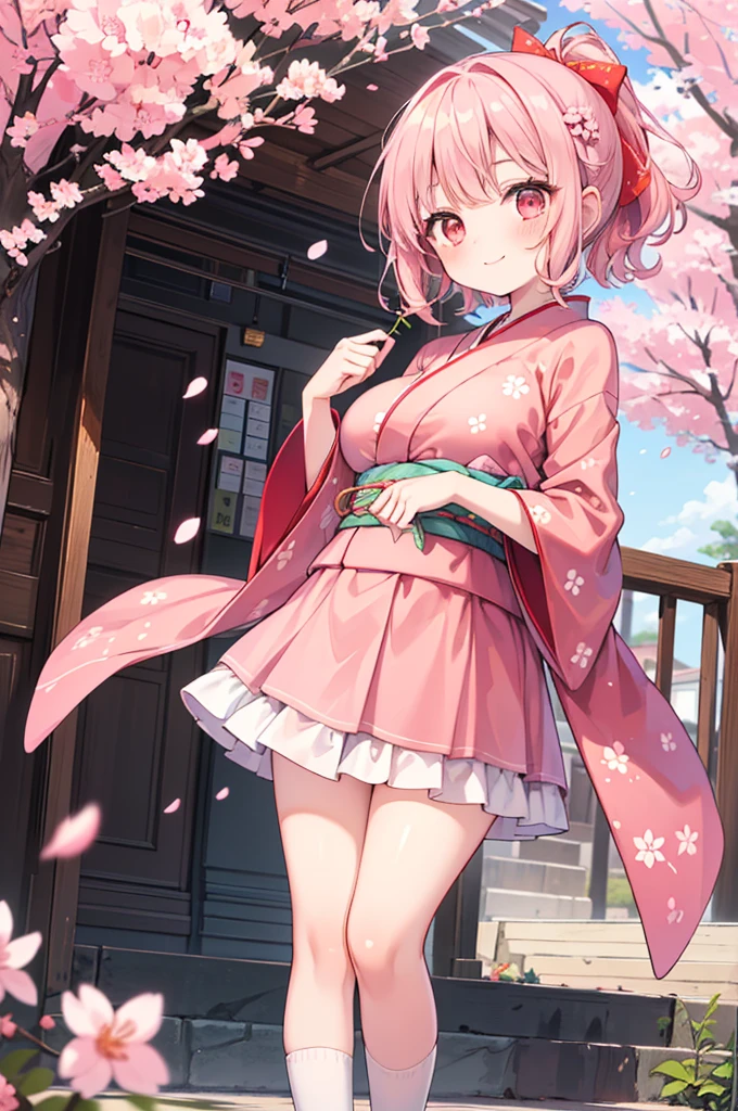 ((Masterpiece)),((high resolution)),((Best Quality)),Anime illustration,(((1girl))),,(wavy hair),(short hair),(pale pink hair color),small ponytail,Red eyes,(Big round eyes),((tareme)),,((loli face)),ry big breasts)),Short stature,,kimono,mini skirt,smile,Ladylike,cherry blossoms,