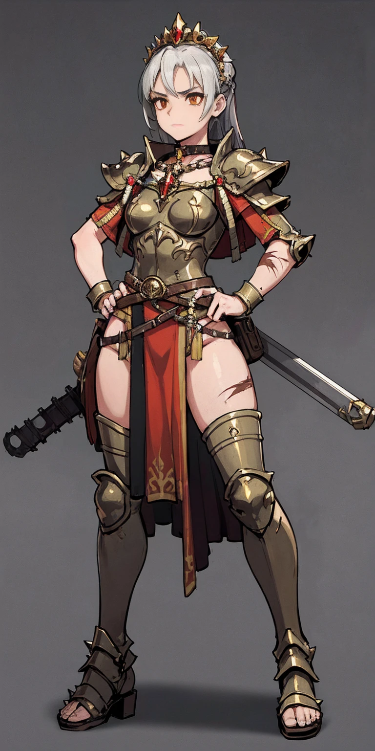 Subject:
1 Solo Female Gladiator
Pose:
Full body, whole body
Standing tall, hands on hips (conveying confidence)
Feet together, conveying a strong stance
View from slightly below, emphasizing her power
Clothing and Armor:
Loincloth (detailed and well-crafted, showcasing her warrior status)
Metal sandals, sturdy and battle-worn
Leather choker, adorned with a gladiator emblem or small spikes (optional)
Big belt, holding additional weapons or pouches (optional)
Bracers on forearms, for protection
Jewelry:
Tiara (can be simple and battle-ready, or adorned with feathers or gladiator symbols)
Additional Details:
Strong, defined muscles
Determined expression on her face
Optional: scars or other battle marks that tell a story of her victories