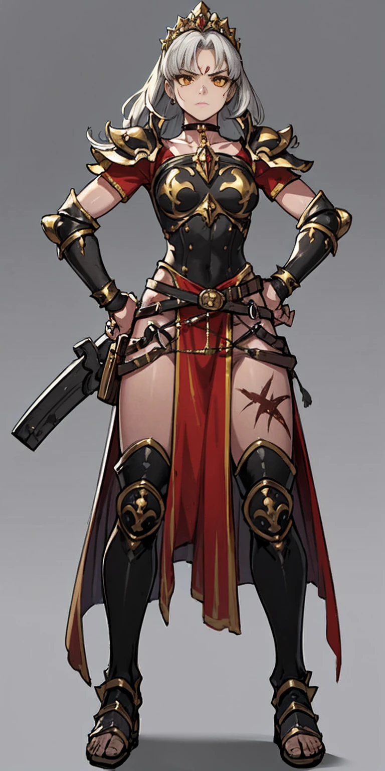 Subject:
1 Solo Female Gladiator
Pose:
Full body, whole body
Standing tall, hands on hips (conveying confidence)
Feet together, conveying a strong stance
View from slightly below, emphasizing her power
Clothing and Armor:
Loincloth (detailed and well-crafted, showcasing her warrior status)
Metal sandals, sturdy and battle-worn
Leather choker, adorned with a gladiator emblem or small spikes (optional)
Big belt, holding additional weapons or pouches (optional)
Bracers on forearms, for protection
Jewelry:
Tiara (can be simple and battle-ready, or adorned with feathers or gladiator symbols)
Additional Details:
Strong, defined muscles
Determined expression on her face
Optional: scars or other battle marks that tell a story of her victories