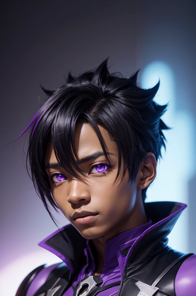 A black male anime character with purple eyes