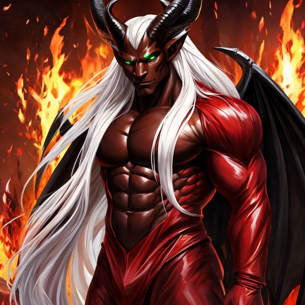 Male character, handsome, dark skin, black wings, wearing a red suit, long white hair, emerald green eyes, his appearance is that of a fire demon, his body is that of a fire demon with giant horns, a bestial body, an intimidating appearance, its appearance is identical to that of the fire demon Ifrit