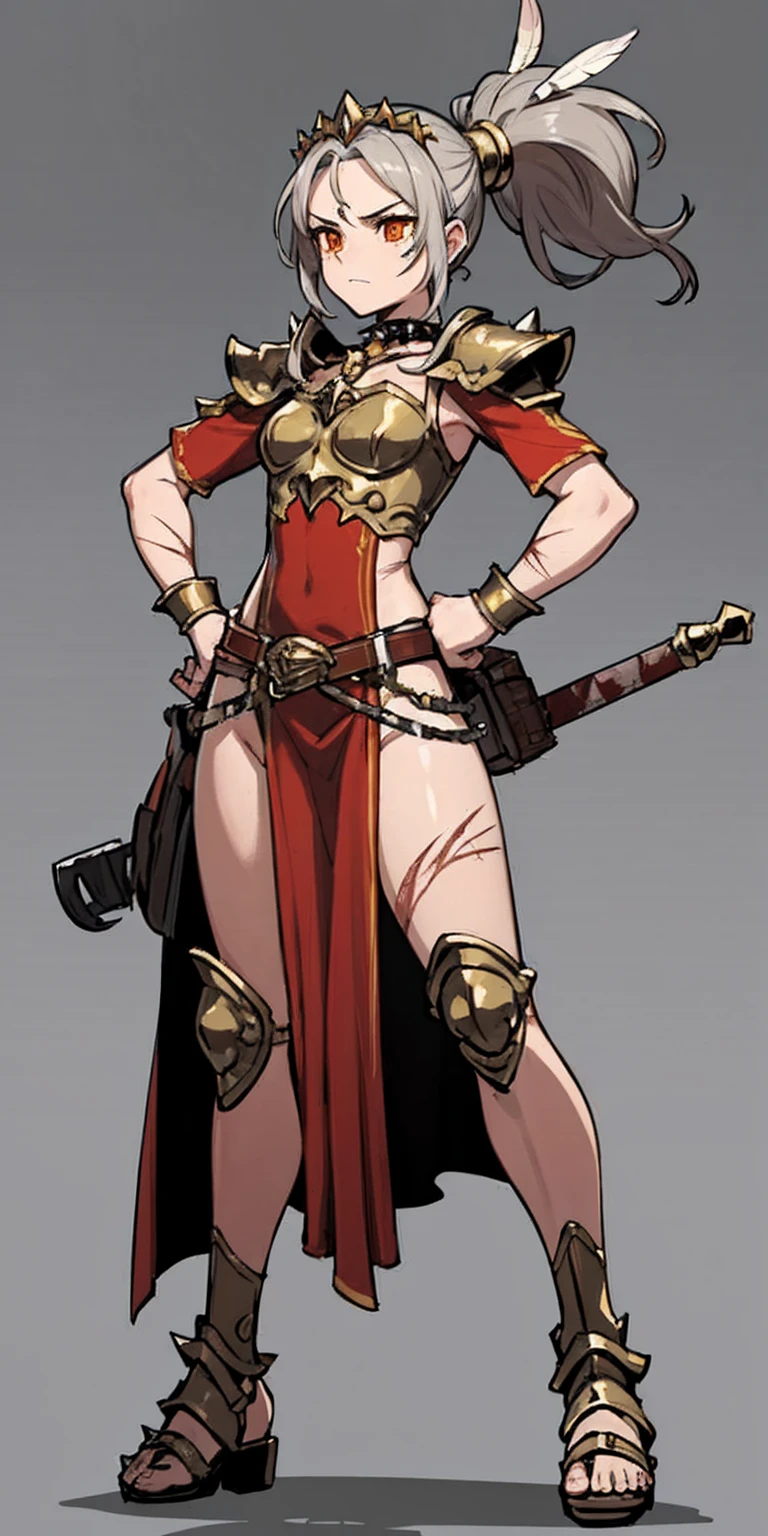 Subject:
1 Solo Female Gladiator
Pose:
Full body, whole body
Standing tall, hands on hips (conveying confidence)
Feet together, conveying a strong stance
View from slightly below, emphasizing her power
Clothing and Armor:
Loincloth (detailed and well-crafted, showcasing her warrior status)
Metal sandals, sturdy and battle-worn
Leather choker, adorned with a gladiator emblem or small spikes (optional)
Big belt, holding additional weapons or pouches (optional)
Bracers on forearms, for protection
Jewelry:
Tiara (can be simple and battle-ready, or adorned with feathers or gladiator symbols)
Additional Details:
Strong, defined muscles
Determined expression on her face
Optional: scars or other battle marks that tell a story of her victories