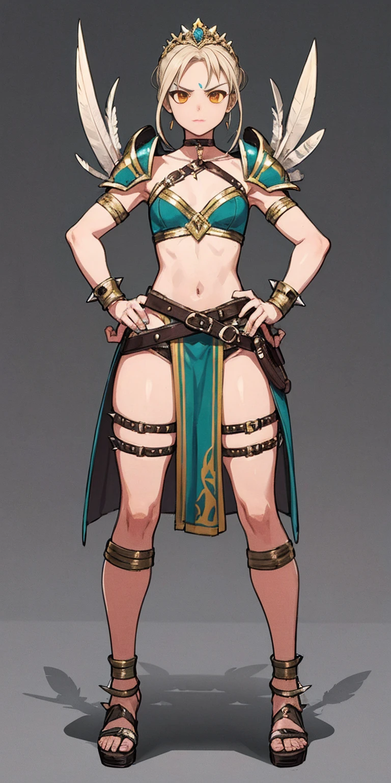 Subject:

1 Solo Female Gladiator
Pose:

Full body, whole body
Standing tall, hands on hips (conveying confidence)
Feet together, conveying a strong stance
View from slightly below, emphasizing her power
Clothing and Armor:

Loincloth (detailed and well-crafted, showcasing her warrior status)
Metal sandals, sturdy and battle-worn
Leather choker, adorned with a gladiator emblem or small spikes (optional)
Big belt, holding additional weapons or pouches (optional)
Bracers on forearms, for protection
Jewelry:

Tiara (can be simple and battle-ready, or adorned with feathers or gladiator symbols)
Additional Details:

Strong, defined muscles
Determined expression on her face
Optional: scars or other battle marks that tell a story of her victories