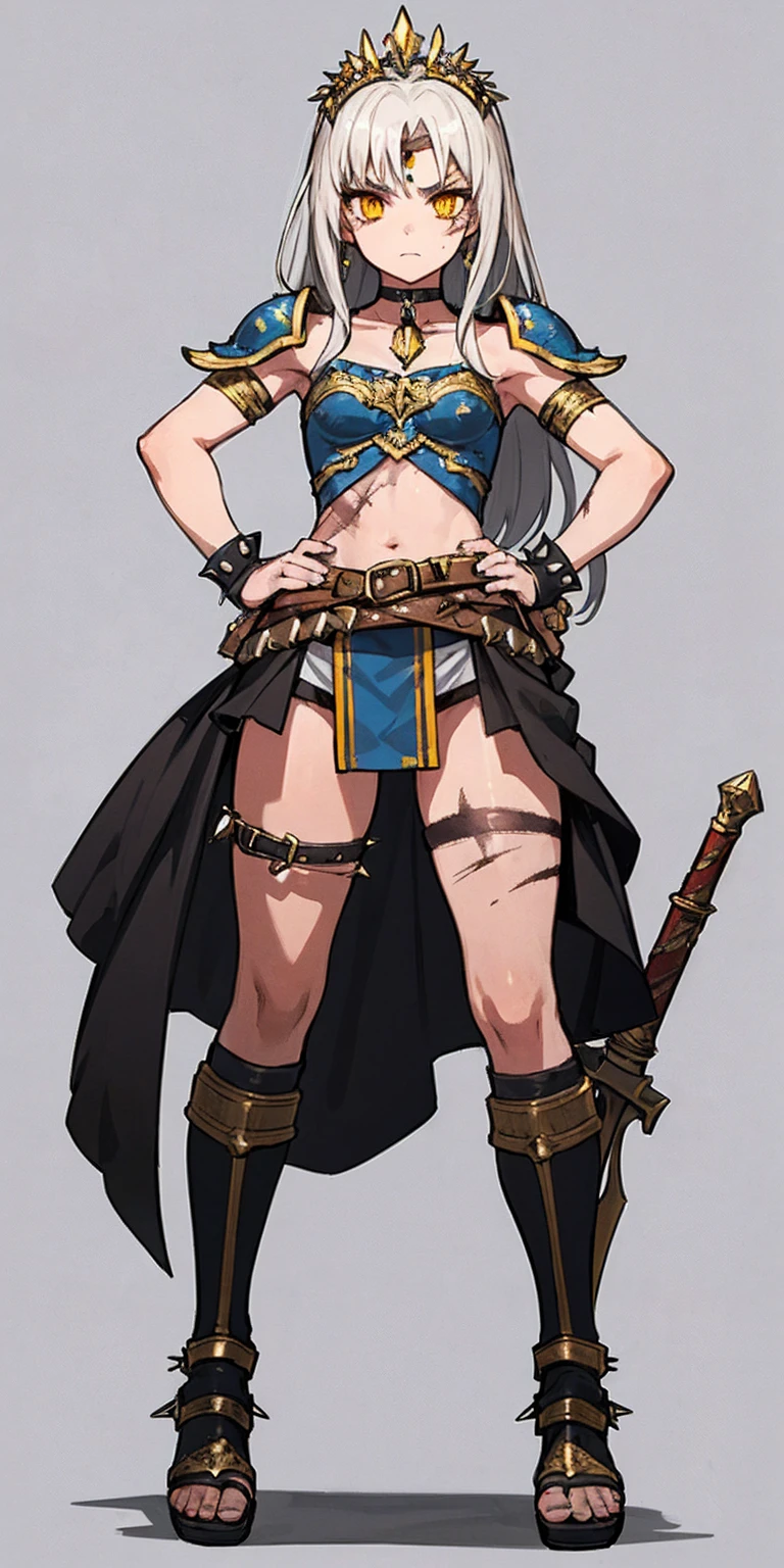 Subject:
1 Solo Female Gladiator
Pose:
Full body, whole body
Standing tall, hands on hips (conveying confidence)
Feet together, conveying a strong stance
View from slightly below, emphasizing her power
Clothing and Armor:
Loincloth (detailed and well-crafted, showcasing her warrior status)
Metal sandals, sturdy and battle-worn
Leather choker, adorned with a gladiator emblem or small spikes (optional)
Big belt, holding additional weapons or pouches (optional)
Bracers on forearms, for protection
Jewelry:
Tiara (can be simple and battle-ready, or adorned with feathers or gladiator symbols)
Additional Details:
Strong, defined muscles
Determined expression on her face
Optional: scars or other battle marks that tell a story of her victories