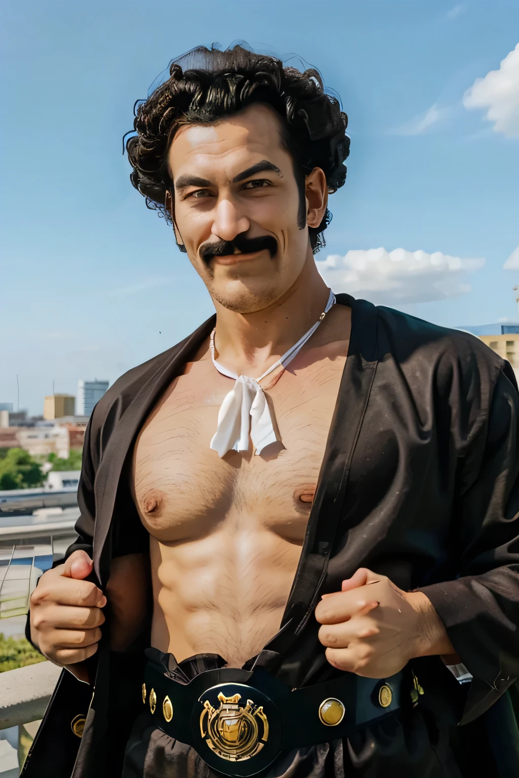 mr satan,1boy, solo,upper body, black hair,blue eyes, brown dougi,black championship belt,black belt,slight smile,looking at viewer,mustache,afro,white cape, sky, city in the background,,thumbs up,pectoral cleavage,looking at viewer,chest hair,muscular male,(best quality, masterpiece)