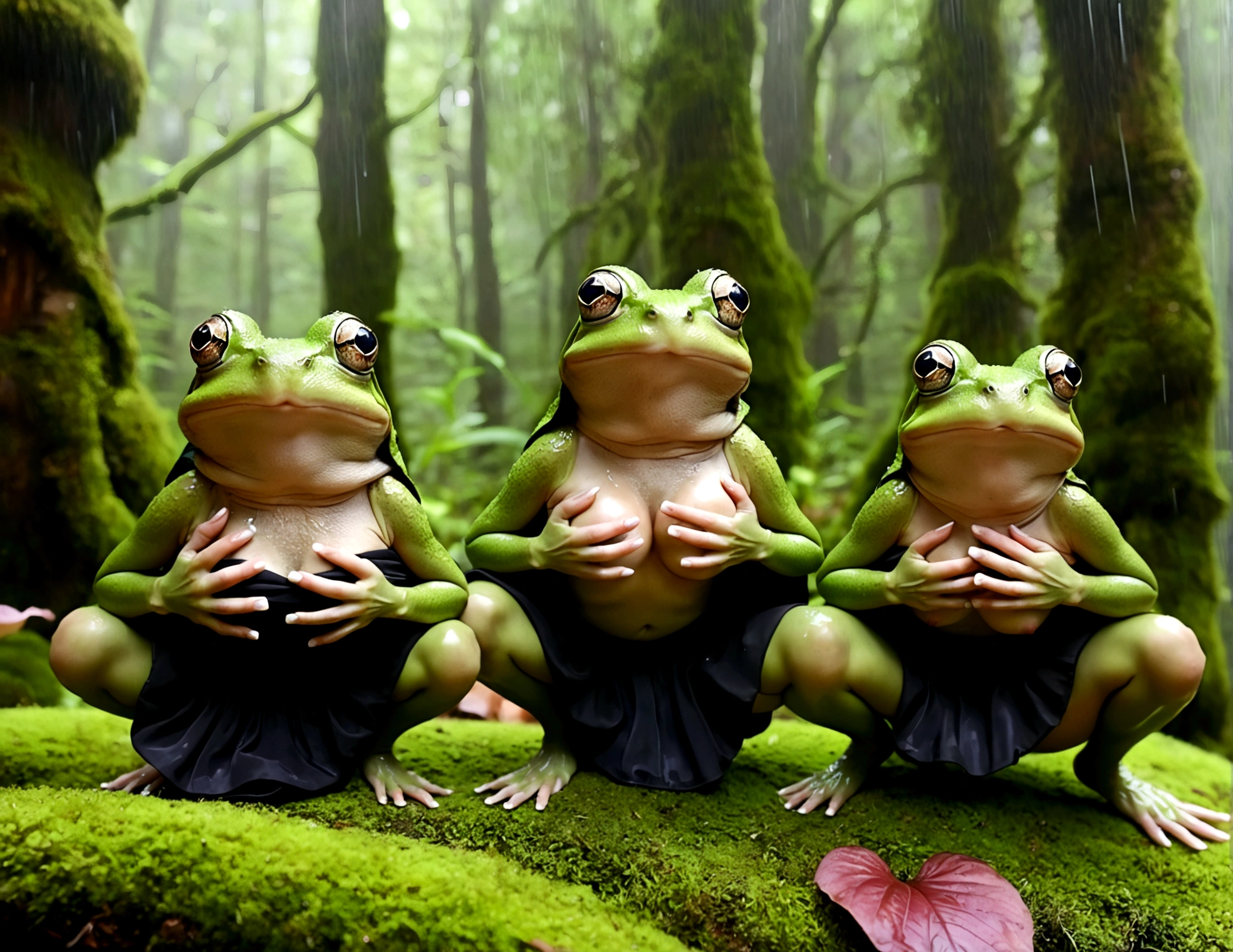 A bunch of frogs transform into lovely women (moss breast drapes and skirt, frog hands, light green skin with mottling, over large eyes) during a heavy rain, dancing around glowing mushrooms in a deep dark forest