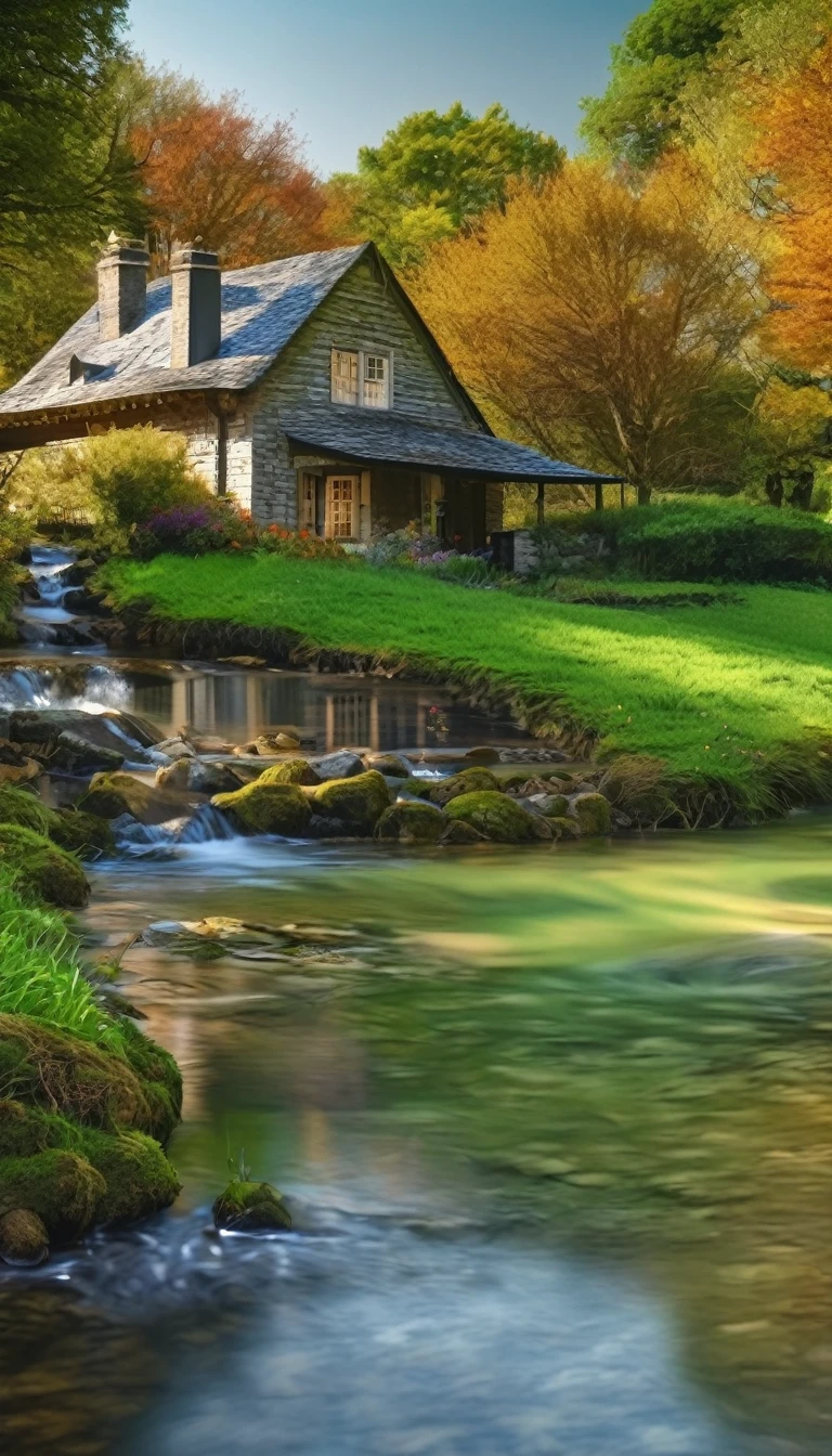 Country house beside flowing water 4k UHD 