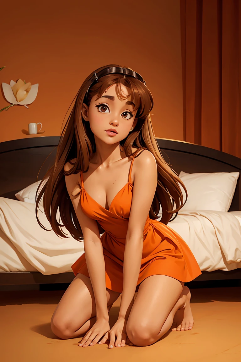Ariana Grande, barefoot, Long brown hair, light brown eyes, orange mini dress, low v neck dress, room background, on her knees, front View, looking camera, sexy look