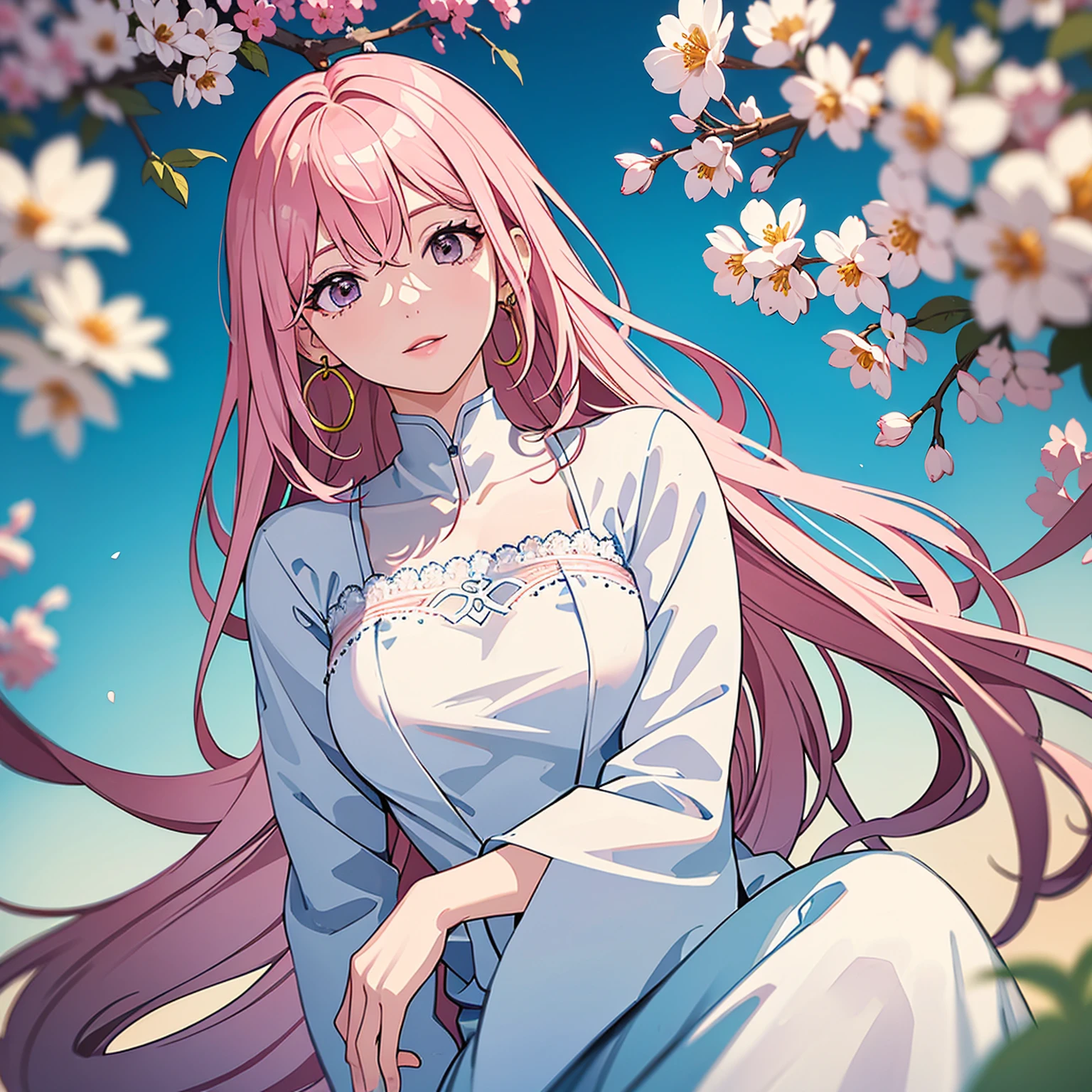 (masterpiece, high quality, best quality, 4k, 8k:1.4), 1girl, solo, pink hair, brown eyes, double-parted bangs, long hair, (mature female, mature:1.2), mole under eye, hoop earrings, strap white dress, detailed face, beautiful detailed eyes, beautiful detailed lips, extremely detailed face, long eyelashes, intricate details, soft lighting, soft color pallette, perfect anatomy