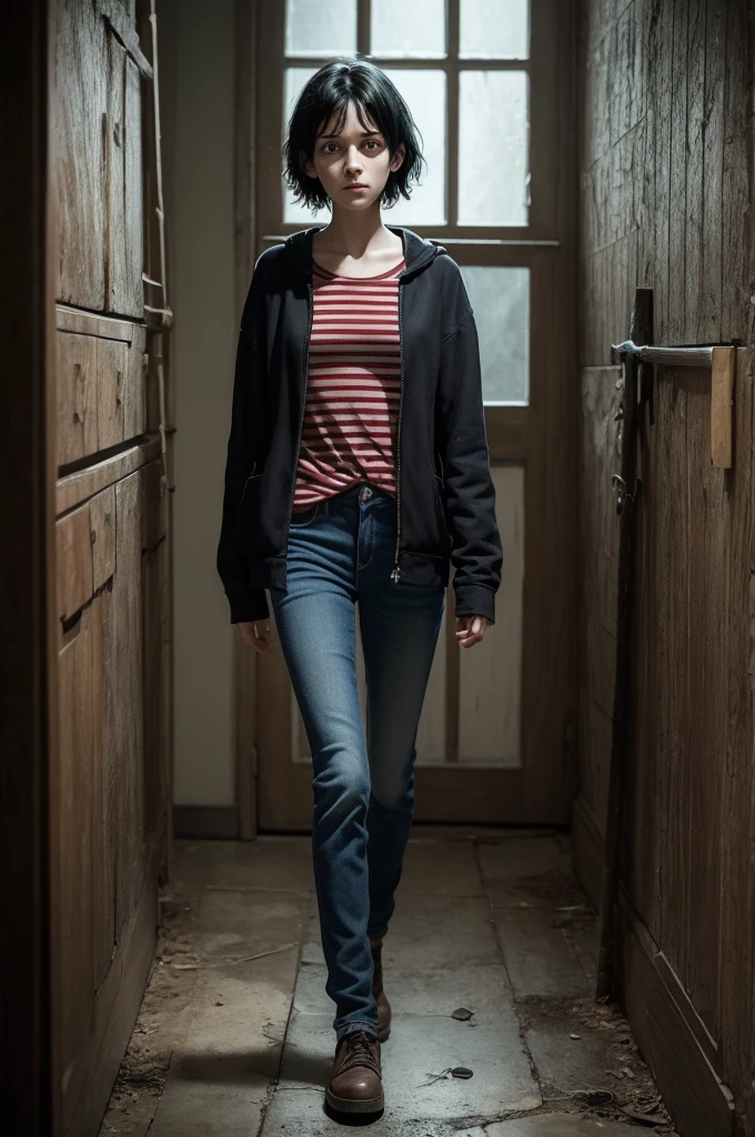 Create a realistic image of Coraline Jones, from Neil Gaiman's book 'Coraline', in a live-action version. Coraline must have short, dark hair, wear a striped t-shirt, jeans and comfortable shoes. She should have a curious and determined appearance, with large, expressive eyes. The background should be an environment similar to her house in the book, with a slightly dark and mysterious atmosphere, reflecting the tone of the story.
Young appearance and 70s style dark fantasy background