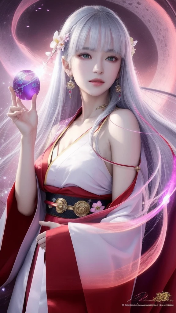 (masterpiece, top quality, 1 female, solo, exquisite details, chromatic aberration), (realistic), (skin), ((breathing)), (silver hair, blunt bangs, cropped straight long hair, short bangs, silver hair), beautiful hair, red headdress, highlights, hair on one eye, beautiful eyes, purple eyes, thick lips, earrings, piercing eyes, ((gold and white kimono)), ((symmetrical eyes)), ((perfectly symmetrical body)), ((perfectly symmetrical hands)), (purerosface_v1:0.3), full moon night, ((self, natural light))), bright lighting, flowers blooming in background, in front of viewer, ((central shot, from the front, (face and shoulders))), mysterious atmosphere, colorful flowers blooming around, bright colored background, shrine maiden in kimono, beautiful shrine maiden, Shrine maiden, fantasy female shrine maiden, female fortune telling shrine maiden, fantasy photography, Japanese style, elegant cinematic fantasy art, fantasy woman, sorceress portrait, powerful wizard surrounded by mystical colorful flowers, holding a glowing heart crystal ball, eyes glowing with mystical energy, spells leaking from her mouth, vibrant sorcery vortexes pulsating with rainbow hues appear in the air, magic permeates, flowers bloom, sacred creatures gaze in awe, threads of magical energy dance, reveal hidden realms, unravel secrets, capture the essence of this enchanting moment and bring to life the mystical power of sorcery on a canvas of the highest quality and finest detail. Top quality, masterpiece, ultra high resolution, (photorealistic: 1.4), RAW photo, sharp focus, high resolution, detailed skin.
Flowers blooming all around, bright colored background, fortune teller in kimono, beautiful fortune teller, fortune teller, fantasy female fortune teller, female fortune teller, fantasy photography, Japanese style, fortune teller in kimono, elegant cinematic fantasy art, fantasy woman, magician portrait, fortune teller, powerful wizard surrounded by mystical colorful flowers, holding a glowing heart c