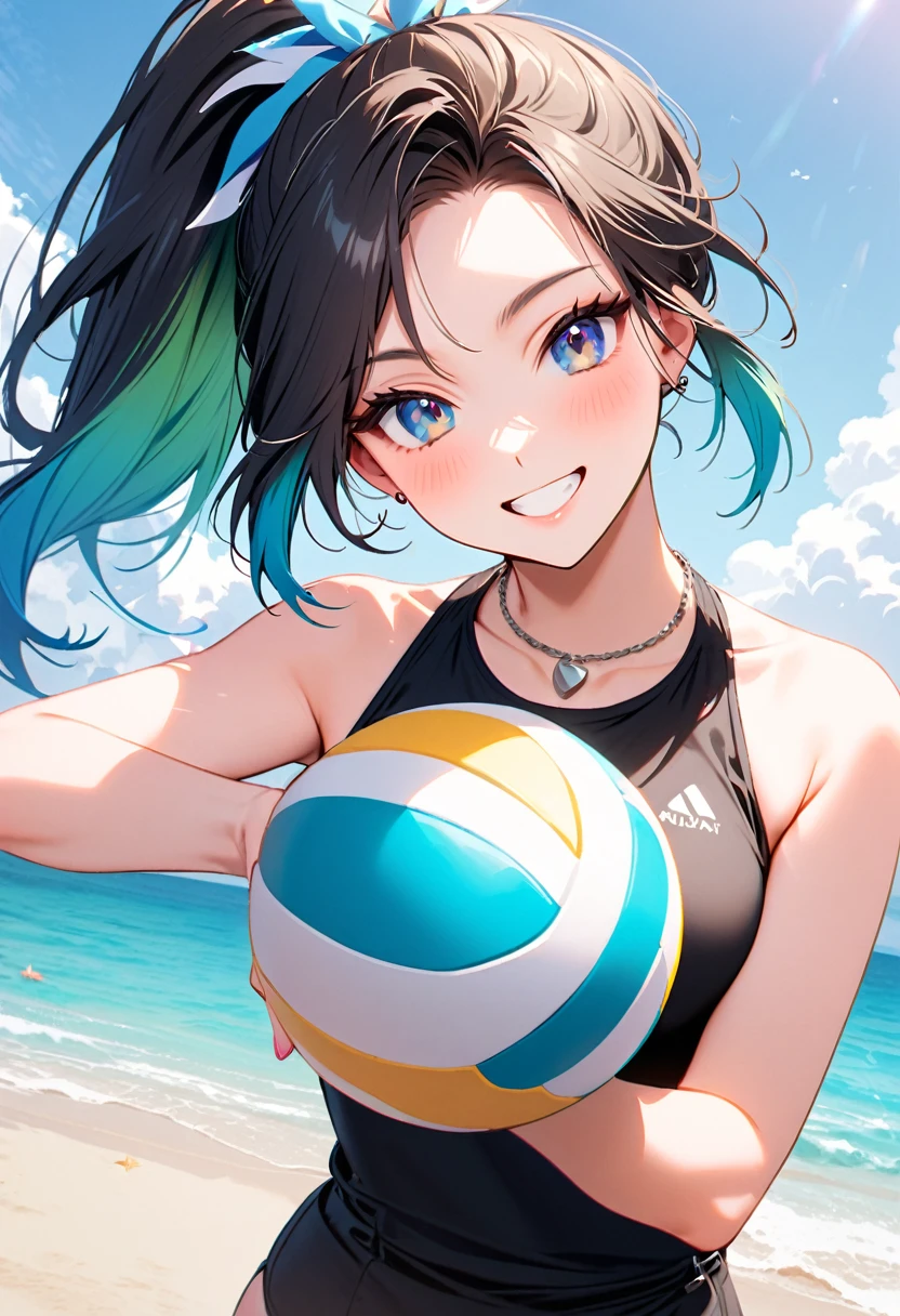 A young woman, 21-years-old, solo, Caucasian, black hair, cyan hair, gradient hair, multicolored hair, ponytail, two-tone hair, blue eyes, cheerful smile, black swimsuit, holding a volleyball, beach, thin silver necklace