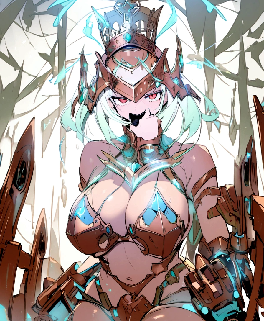 Copper bikini armor, copper crown, bare belly, big breasts, green hair, red eyes, bikini armor, copper, copper automaton, technology