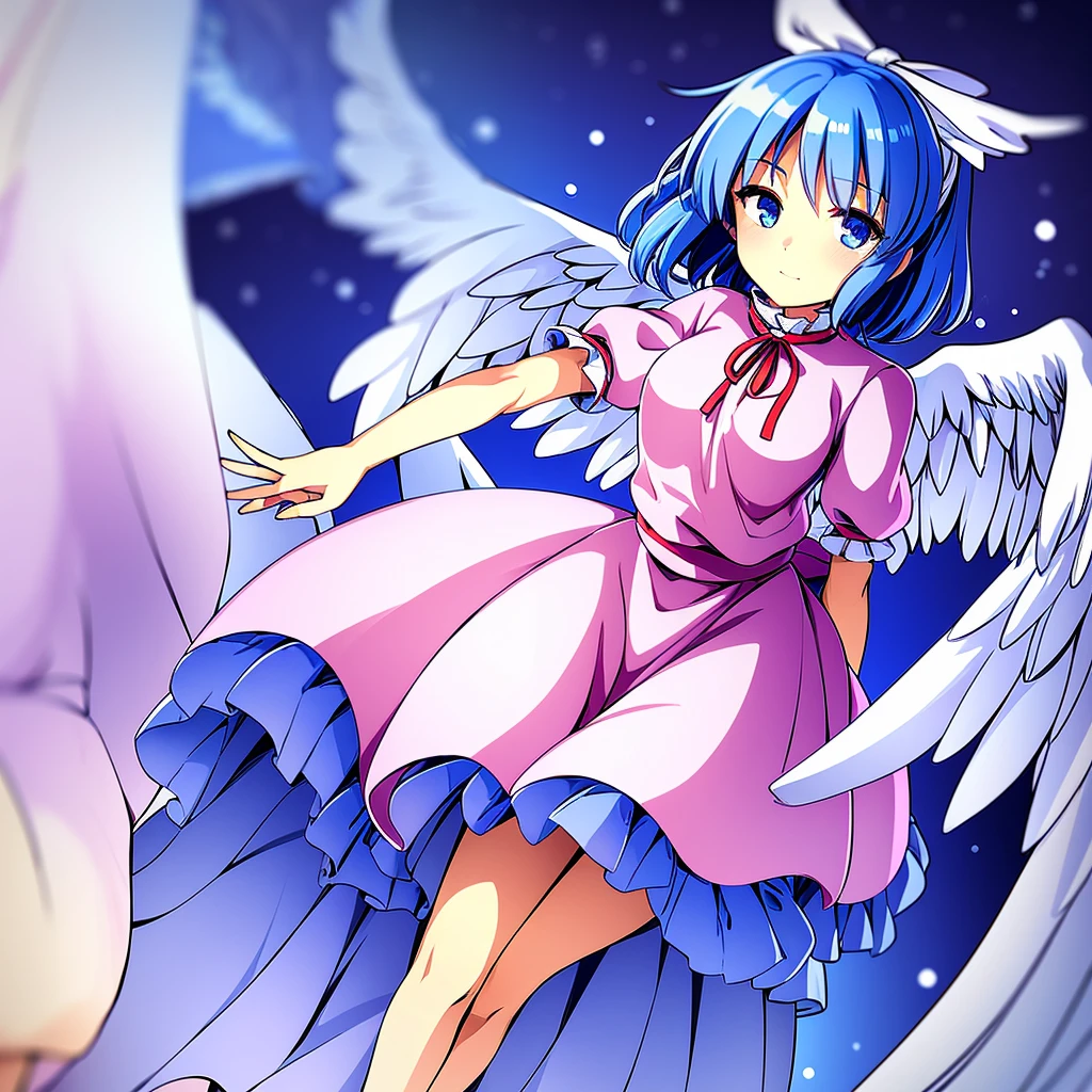 masterpiece, best quality, 1girl, , , 10 years old, medium blue hair, hair flaps, pink ribbon on head, well-formed face, blue eyes, angel girl, white blouse, puffy short sleeves, red ribbon, angel wings, long white skirt, red shoes, frills, ribbon head