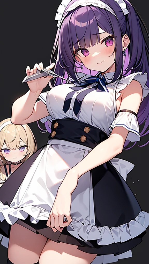 最high quality, high quality, Super detailed, 32k, Ultra-detailed details, 2 girls, With maid(only, The cute face of my little sister that I stole from her, beautiful purple hair, Beautiful purple eyes, Big Breasts, A light smile, Red eyes, Off-the-shoulder sleeveless Summer clothes, Summer casual maid clothes, Short skirt, Blue and white color striped underwear, Black knee socks, My crotch is wet with love juice, 18-year-old,cute), Sister with her face peeled off(13 years old, A grotesque face with the skin peeled off, Facial muscles are fully exposed, Chest is medium, , Junior high school uniform), {{Witness the maid peeling off the skin of her sister's face and replacing it with her own}}, The maid is standing, My sister sits in a chair, NSFW