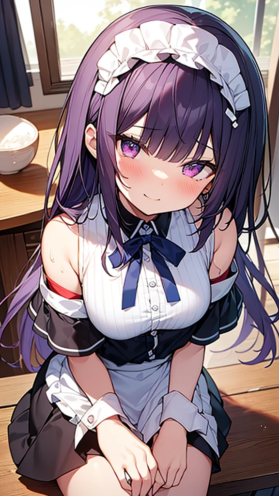最high quality, high quality, Super detailed, 32k, Ultra-detailed details, 2 girls, With maid(only, The cute face of my little sister that I stole from her, beautiful purple hair, Beautiful purple eyes, Big Breasts, A light smile, Red eyes, Off-the-shoulder sleeveless Summer clothes, Summer casual maid clothes, Short skirt, Blue and white color striped underwear, Black knee socks, My crotch is wet with love juice, 18-year-old,cute), Sister with her face peeled off(13 years old, A grotesque face with the skin peeled off, Facial muscles are fully exposed, Chest is medium, , Junior high school uniform), {{Witness the maid peeling off the skin of her sister's face and replacing it with her own}}, The maid is standing, My sister sits in a chair, NSFW