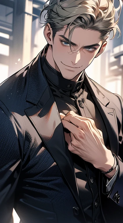 (best quality,4k,8k,highres,masterpiece:1.2),ultra-detailed,(realistic,photorealistic,photo-realistic:1.37),1 man,31 years old,mature man,very handsome,without expression,smile,short grey green hair,blue eyes,penetrating gaze,perfect face without errors,imposing posture,businessman,office background,cinematic lighting,hdr image