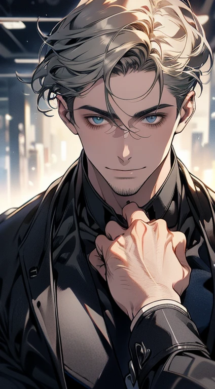 (best quality,4k,8k,highres,masterpiece:1.2),ultra-detailed,(realistic,photorealistic,photo-realistic:1.37),1 man,31 years old,mature man,very handsome,without expression,smile,short grey green hair,blue eyes,penetrating gaze,perfect face without errors,imposing posture,businessman,office background,cinematic lighting,hdr image