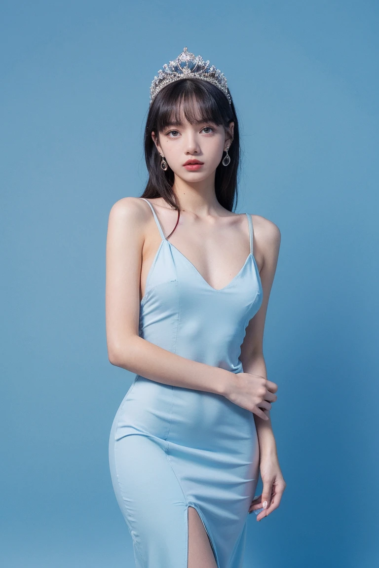 21yo girl, princess gown, blue background