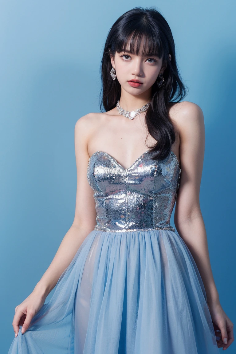 21yo girl, princess gown, blue background 