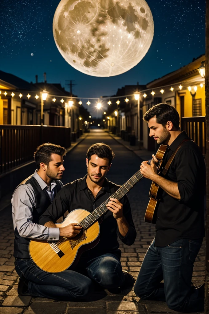 3 men playing classical guitar in a small town at night with a full moon and many stars