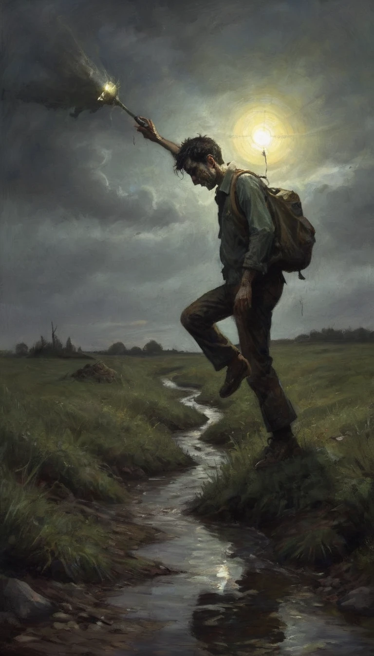 He trips and falls into a shallow ditch, his flashlight illuminating a grotesque, decaying hand reaching out from the ground.