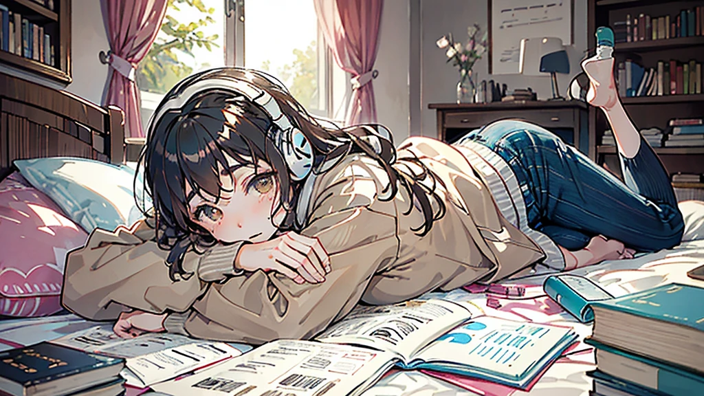 Sakura Chihiro has brown hair and brown eyes. She wears a brown sweatshirt and blue pants. with headphones from ear, she is lying on the bed in her room, listening to music while the window is open. In front of you, a computer where she is writing on a card. The room is decorated with books and other items typical of a teenager. 