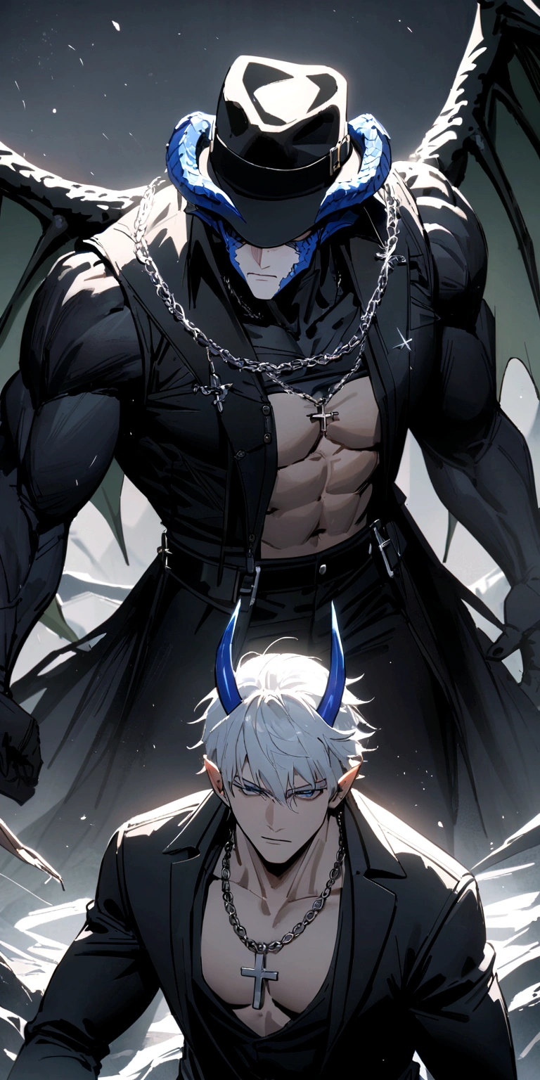 homen,strong muscles, White hair, best qualityer,open chest vest, blue and black clothes, Dragon Wings, black cloth on face, silver cross chain around neck, black long brimmed fedora hat with black and blue dragon horns on hat with blue horns on hat 