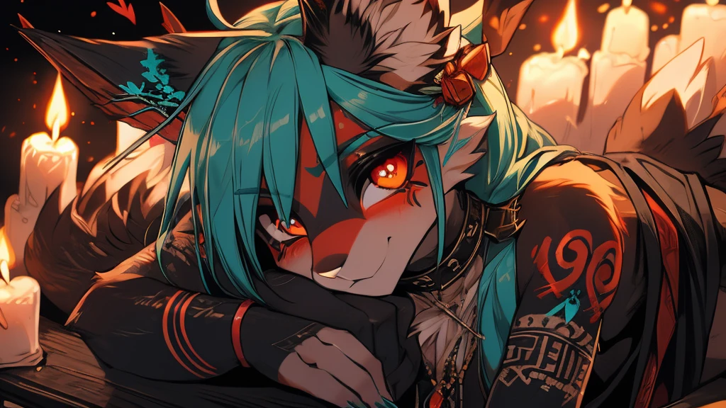 Miku Hatsune, add high definition_detail:1, blue fur,kitsune ears, tribal tattoo add_detail:1, in hell add_detail, diabolic girl, batwigns add_detail 