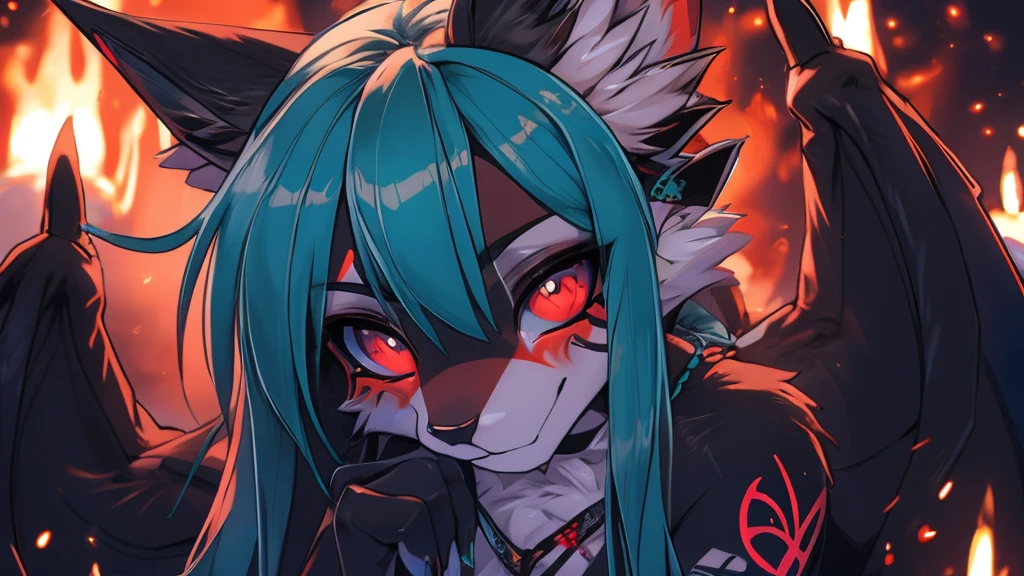 Miku Hatsune, add high definition_detail:1, blue fur,kitsune ears, tribal tattoo add_detail:1, in hell add_detail, diabolic girl, batwigns add_detail