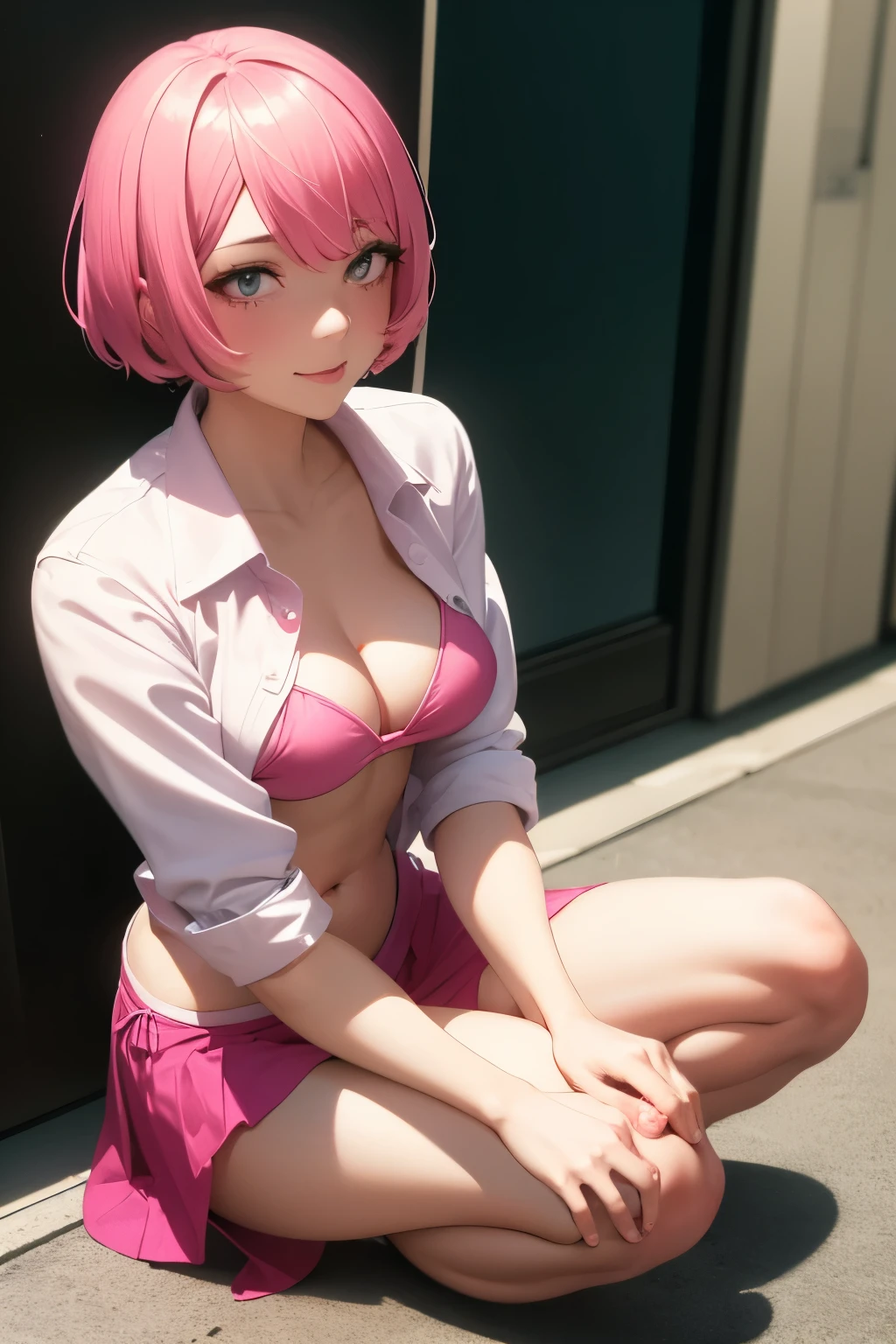 Make a beautiful girl with short pink hair in an open dress shirt showing her bikini on her knees with a short mini skirt showing her pussy with cum