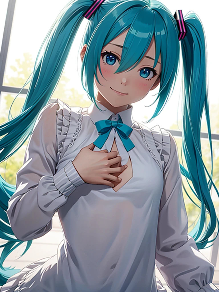 (masterpiece:1.4、Highest quality、figure:1.4,Realistic、)、(Character Focus、breast focus,Upper Body:1.3)、(One girl),(Clear Face:1.3),(Miku hatume),Cute face,blue eyes、()、
,(stand:1.4),(A radiant smile),
,(thin),(),
(Fluorescent light green long hair:1.6,,),(Twin tails), (Small breasts:1.3)、
、thin、Hatsune_Miku_Blue Archive