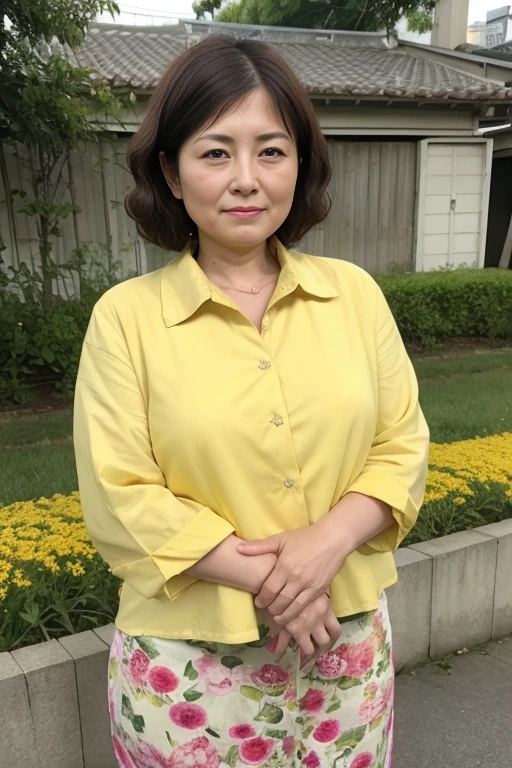 Aunt in Osaka、Organic Photography、best quality、masterpiece、Ultra-high resolution、Beautiful old lady、50 years old、Elegant face,Wear a lemon colored business shirt,Short skirt,Huge sagging chest contour,Wavy Hair、Real skin texture,Outdoor Street,Background blur