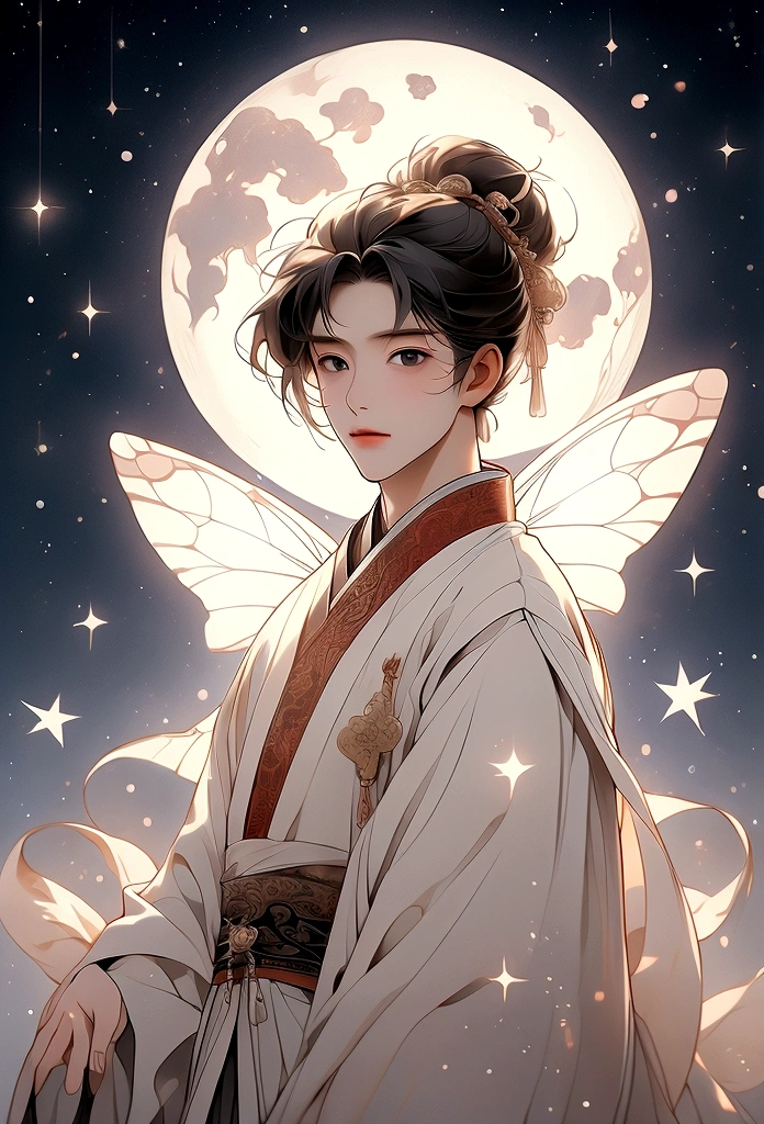 masterpiece, Highest quality: 1.4), Detailed Background,A beautiful male fairy from ancient China gazes at the stars,streamer,Gauze cloth,Floating in the air,Elevation angle of view,The Milky Way is amazing,The full moon is empty,
