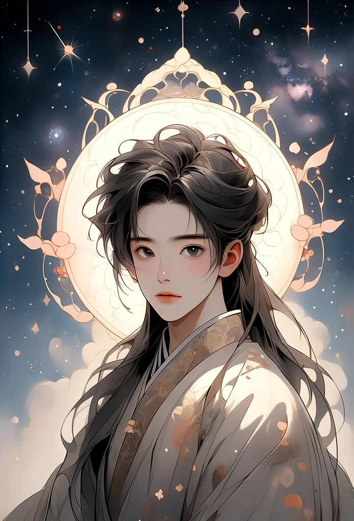 masterpiece, Highest quality: 1.4)， Detailed Background，A beautiful male fairy from ancient China gazes at the stars，streamer，Gauze cloth，Floating in the air，Elevation angle of view，The Milky Way is amazing，The full moon is empty，