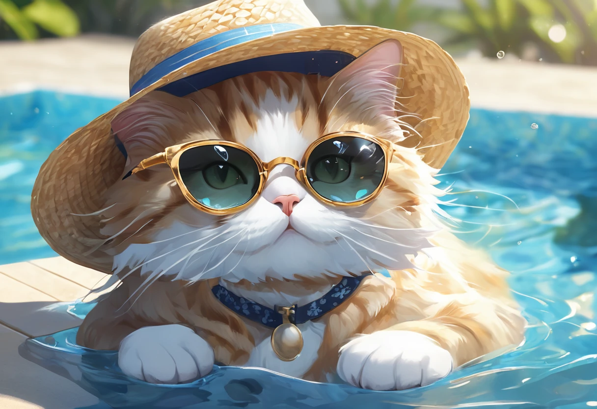 there are many Cat that are wearing hats and sunglasses in the pool, cute Cat, Cat party, Pool Party, Cat, ah, CatCatCat, cowboy Cat, cuteness, there is nothing, Cute artwork, Daylight Saving Time, 8K)), Wearing a straw hat, 水の中で泳ぐCat, Summer swimming , in sunglasses, sunglasses, Cats