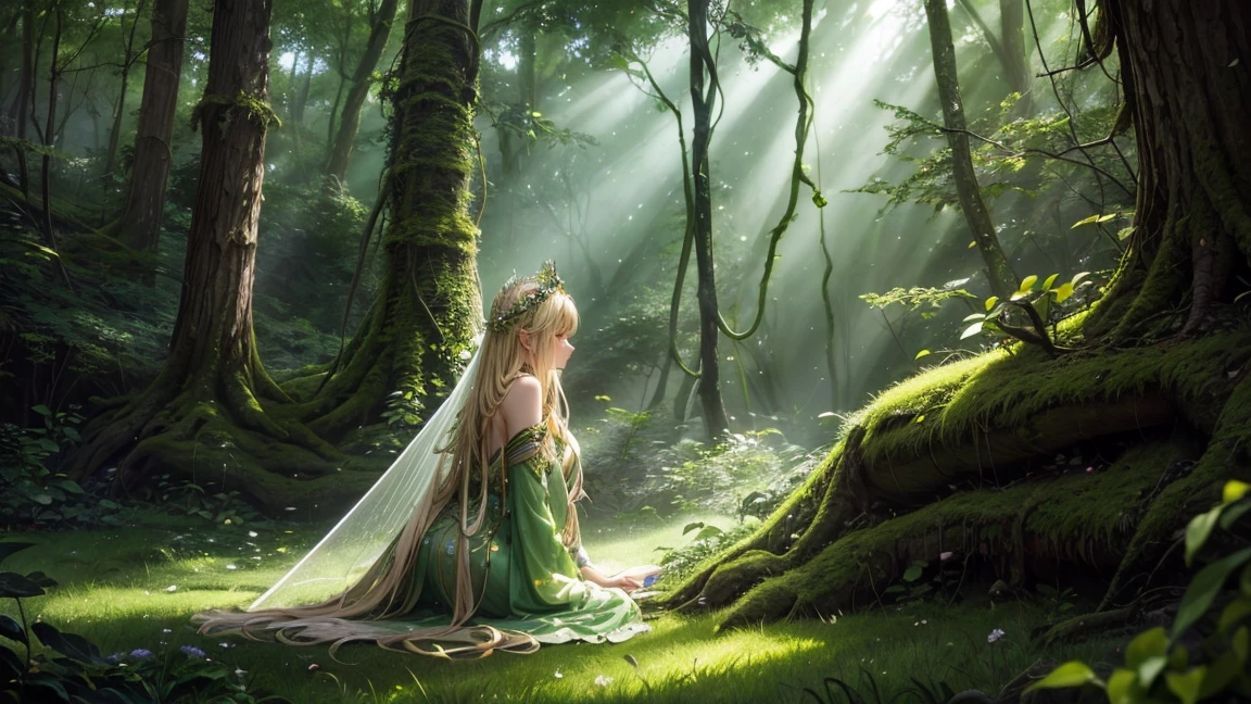 In an enchanted forest, beautiful sunlight filters through the trees. In the center, a fairy woman with long blonde hair sits on a moss-covered rock, wearing a green dress and a crown of flowers. She has translucent fairy wings gracefully extended from her back. The overall atmosphere is magical and serene, highlighting the natural beauty of the surroundings.