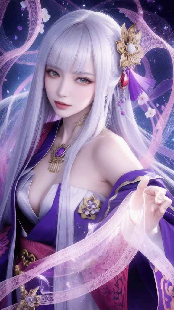 (masterpiece, top quality, 1 female, solo, exquisite details, chromatic aberration), (realistic), (skin), ((breathing)), (silver hair, blunt bangs, cropped straight long hair, short bangs, silver hair), beautiful hair, red headdress, highlights, hair on one eye, beautiful eyes, purple eyes, thick lips, earrings, piercing eyes, ((gold and white kimono)), ((symmetrical eyes)), ((perfectly symmetrical body)), ((perfectly symmetrical hands)), (purerosface_v1:0.3), full moon night, ((self, natural light))), bright lighting, flowers blooming in background, in front of viewer, ((central shot, from the front, (face and shoulders))), mysterious atmosphere, colorful flowers blooming around, bright colored background, shrine maiden in kimono, beautiful shrine maiden, Shrine maiden, fantasy female shrine maiden, female fortune telling shrine maiden, fantasy photography, Japanese style, elegant cinematic fantasy art, fantasy woman, sorceress portrait, powerful wizard surrounded by mystical colorful flowers, holding a glowing heart crystal ball, eyes glowing with mystical energy, spells leaking from her mouth, vibrant sorcery vortexes pulsating with rainbow hues appear in the air, magic permeates, flowers bloom, sacred creatures gaze in awe, threads of magical energy dance, reveal hidden realms, unravel secrets, capture the essence of this enchanting moment and bring to life the mystical power of sorcery on a canvas of the highest quality and finest detail. Top quality, masterpiece, ultra high resolution, (photorealistic: 1.4), RAW photo, sharp focus, high resolution, detailed skin.
Flowers blooming all around, bright colored background, fortune teller in kimono, beautiful fortune teller, fortune teller, fantasy female fortune teller, female fortune teller, fantasy photography, Japanese style, fortune teller in kimono, elegant cinematic fantasy art, fantasy woman, magician portrait, fortune teller, powerful wizard surrounded by mystical colorful flowers, holding a glowing heart c