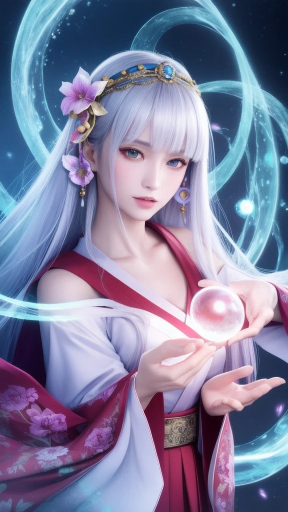 (masterpiece, top quality, 1 female, solo, exquisite details, chromatic aberration), (realistic), (skin), ((breathing)), (silver hair, blunt bangs, cropped straight long hair, short bangs, silver hair), beautiful hair, red headdress, highlights, hair on one eye, beautiful eyes, purple eyes, thick lips, earrings, piercing eyes, ((gold and white kimono)), ((symmetrical eyes)), ((perfectly symmetrical body)), ((perfectly symmetrical hands)), (purerosface_v1:0.3), full moon night, ((self, natural light))), bright lighting, flowers blooming in background, in front of viewer, ((central shot, from the front, (face and shoulders))), mysterious atmosphere, colorful flowers blooming around, bright colored background, shrine maiden in kimono, beautiful shrine maiden, Shrine maiden, fantasy female shrine maiden, female fortune telling shrine maiden, fantasy photography, Japanese style, elegant cinematic fantasy art, fantasy woman, sorceress portrait, powerful wizard surrounded by mystical colorful flowers, holding a glowing heart crystal ball, eyes glowing with mystical energy, spells leaking from her mouth, vibrant sorcery vortexes pulsating with rainbow hues appear in the air, magic permeates, flowers bloom, sacred creatures gaze in awe, threads of magical energy dance, reveal hidden realms, unravel secrets, capture the essence of this enchanting moment and bring to life the mystical power of sorcery on a canvas of the highest quality and finest detail. Top quality, masterpiece, ultra high resolution, (photorealistic: 1.4), RAW photo, sharp focus, high resolution, detailed skin.
Flowers blooming all around, bright colored background, fortune teller in kimono, beautiful fortune teller, fortune teller, fantasy female fortune teller, female fortune teller, fantasy photography, Japanese style, fortune teller in kimono, elegant cinematic fantasy art, fantasy woman, magician portrait, fortune teller, powerful wizard surrounded by mystical colorful flowers, holding a glowing heart c